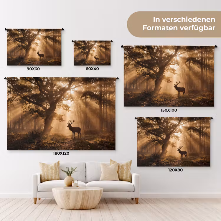 Hert - Bos - Mistig - Natuur - Goud Wandkleed katoen klein -tsfeer8_DE