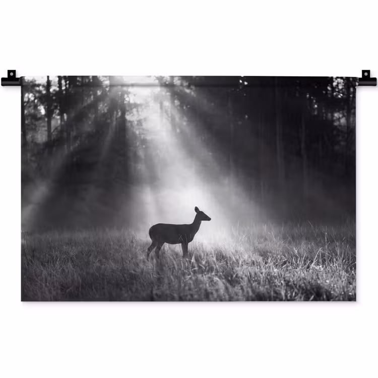 Hert - Bos - Zonnestralen - Zwart-wit - Natuur Wandkleed katoen klein -zz3d