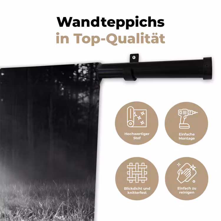 Hert - Bos - Zonnestralen - Zwart-wit - Natuur Wandkleed katoen klein -tsfeer2_DE