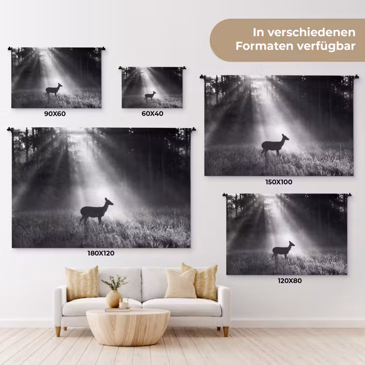 Hert - Bos - Zonnestralen - Zwart-wit - Natuur Wandkleed katoen klein -tsfeer8_DE
