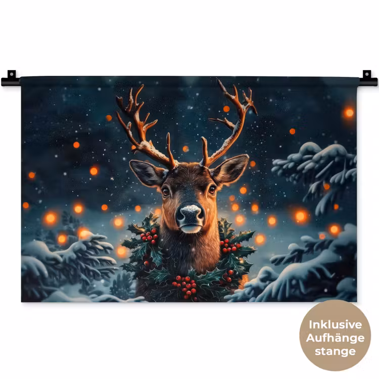 Hert - Kerst - Winter - Sneeuw - Kerstkrans Wandkleed katoen klein -t3d_DE