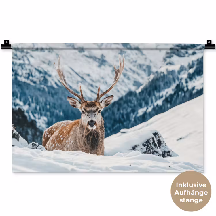 Hert - Landschap - Winter - Natuur - Dieren - Bergen Wandkleed katoen klein -t3d_DE