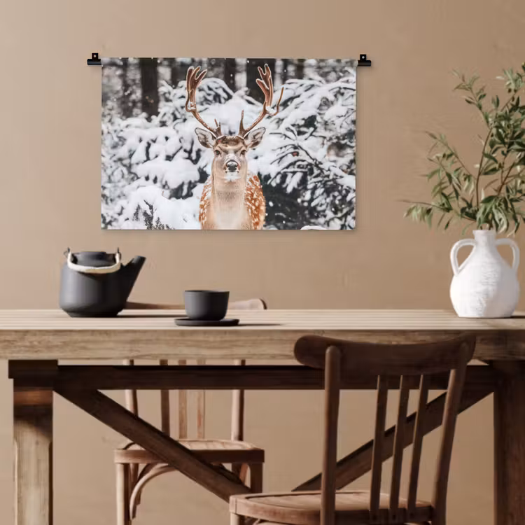Hert - Sneeuw - Winter - Bos - Dieren Wandkleed katoen klein -sfeer6