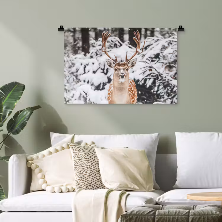 Hert - Sneeuw - Winter - Bos - Dieren Wandkleed katoen klein -sfeer7