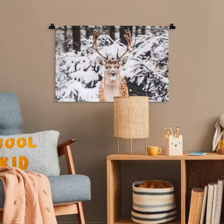 Hert - Sneeuw - Winter - Bos - Dieren Wandkleed katoen klein -wsfeer4_kind