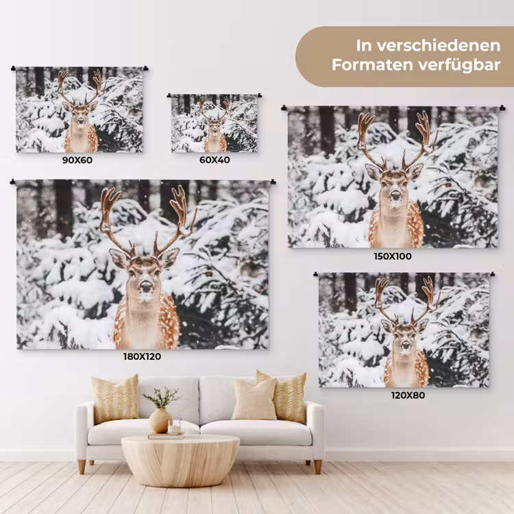 Hert - Sneeuw - Winter - Bos - Dieren Wandkleed katoen klein -tsfeer8_DE