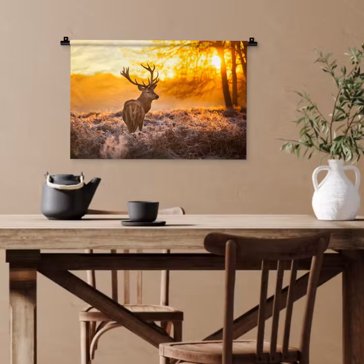 Hert - Dieren - Zonsondergang - Winter - Heide - Natuur Wandkleed katoen klein -sfeer6