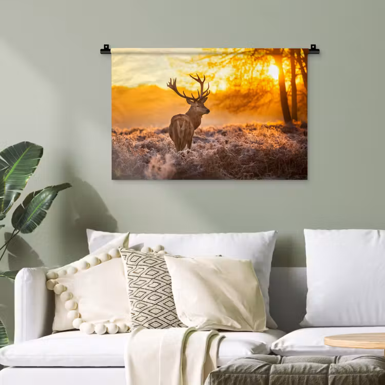 Hert - Dieren - Zonsondergang - Winter - Heide - Natuur Wandkleed katoen klein -sfeer7