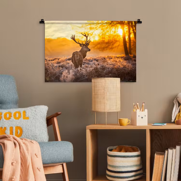 Hert - Dieren - Zonsondergang - Winter - Heide - Natuur Wandkleed katoen klein -wsfeer4_kind