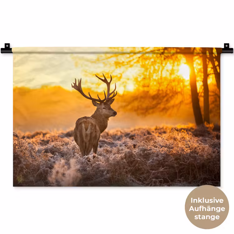 Hert - Dieren - Zonsondergang - Winter - Heide - Natuur Wandkleed katoen klein -t3d_DE
