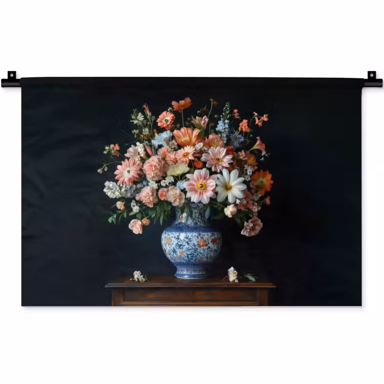 Hout - Vaas - Kleuren - Bloemen Wandkleed katoen klein -zz3d