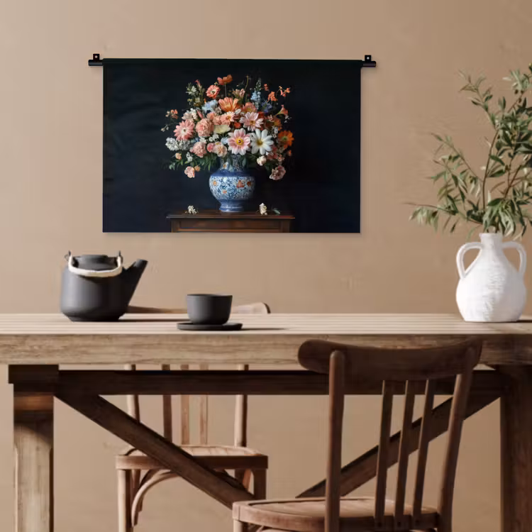Hout - Vaas - Kleuren - Bloemen Wandkleed katoen klein -sfeer6