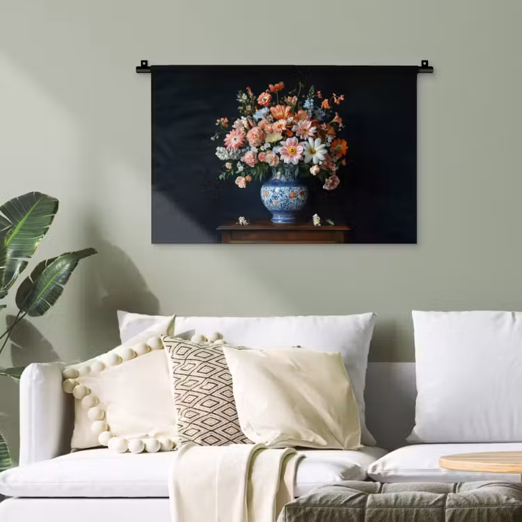 Hout - Vaas - Kleuren - Bloemen Wandkleed katoen klein -sfeer7