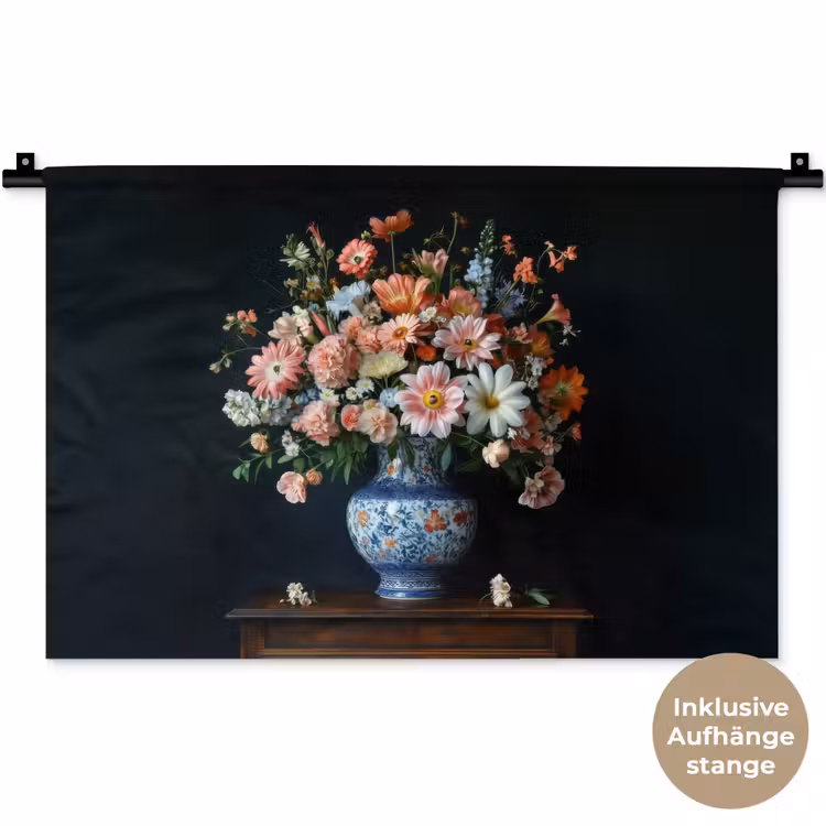 Hout - Vaas - Kleuren - Bloemen Wandkleed katoen klein -t3d_DE