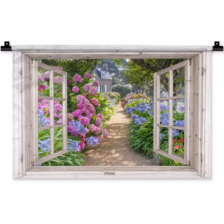 Hortensia - Doorkijk - Bloemen - Zomer - Paars - Pad Wandkleed katoen klein -zz3d