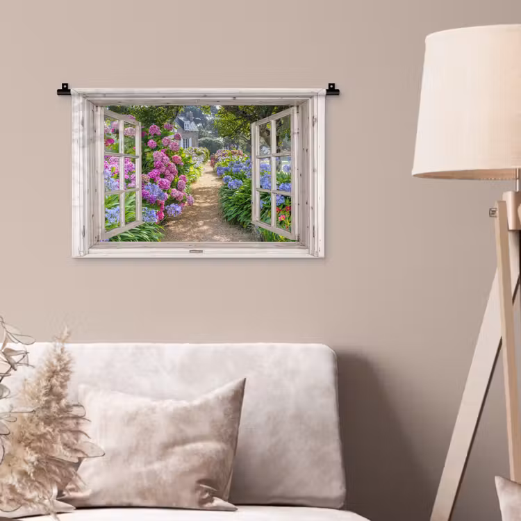 Hortensia - Doorkijk - Bloemen - Zomer - Paars - Pad Wandkleed katoen klein -sfeer4