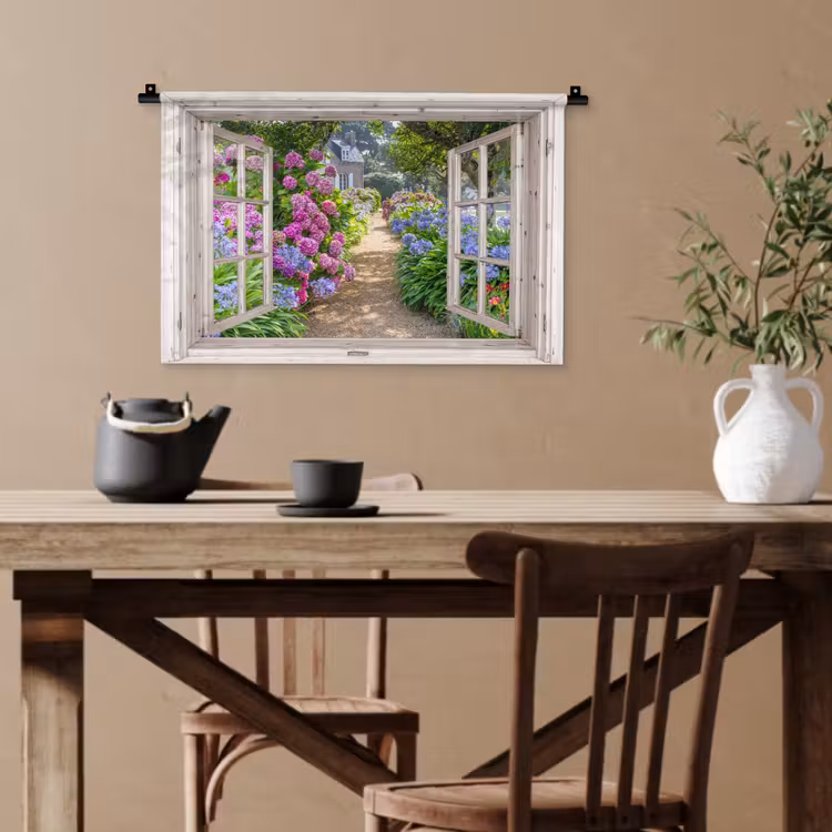 Hortensia - Doorkijk - Bloemen - Zomer - Paars - Pad Wandkleed katoen klein -sfeer6