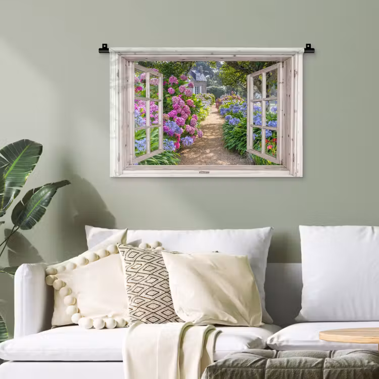 Hortensia - Doorkijk - Bloemen - Zomer - Paars - Pad Wandkleed katoen klein -sfeer7