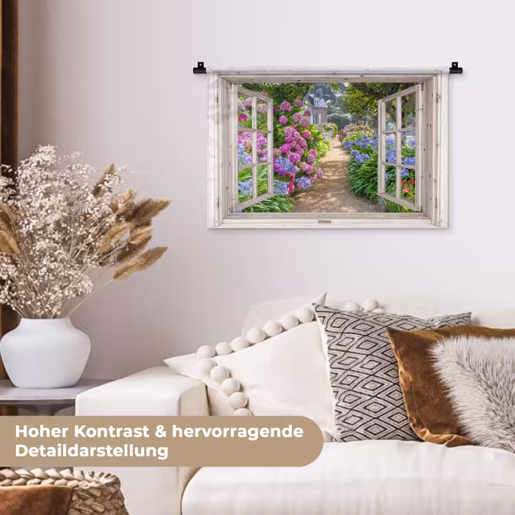 Hortensia - Doorkijk - Bloemen - Zomer - Paars - Pad Wandkleed katoen klein -tsfeer1_DE