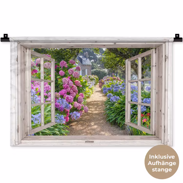 Hortensia - Doorkijk - Bloemen - Zomer - Paars - Pad Wandkleed katoen klein -t3d_DE