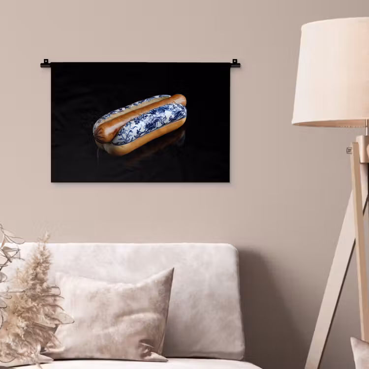 Hotdog - Porselein - Delfts blauw - Eten Wandkleed katoen klein -sfeer4