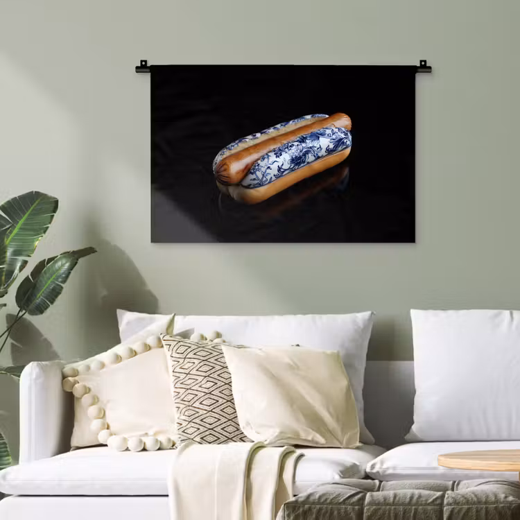 Hotdog - Porselein - Delfts blauw - Eten Wandkleed katoen klein -sfeer7