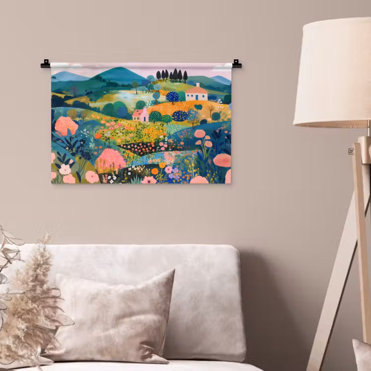 Heuvellandschap - Fantasierijk - Kleurcontrasten Wandkleed katoen klein -sfeer4