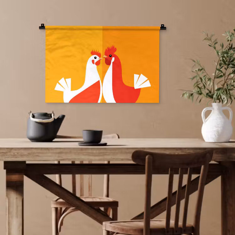 Kippen - Oranje - Vlakken Wandkleed katoen klein -sfeer6