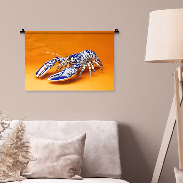 Kreeft - Delftsblauw - Schild - Stoer - Oranje Wandkleed katoen klein -sfeer4