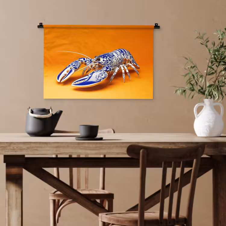 Kreeft - Delftsblauw - Schild - Stoer - Oranje Wandkleed katoen klein -sfeer6