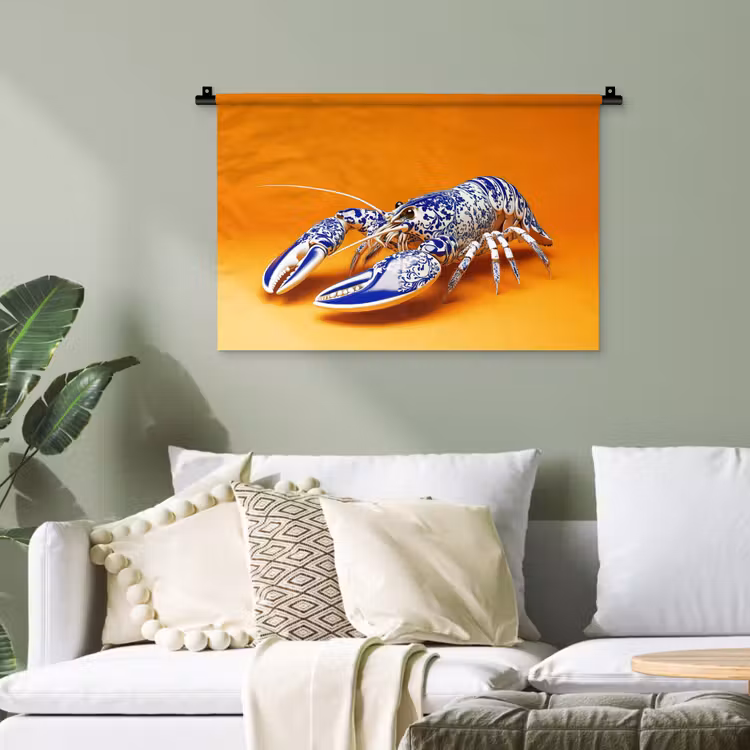 Kreeft - Delftsblauw - Schild - Stoer - Oranje Wandkleed katoen klein -sfeer7