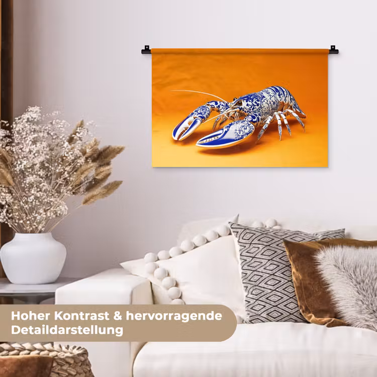 Kreeft - Delftsblauw - Schild - Stoer - Oranje Wandkleed katoen klein -tsfeer1_DE