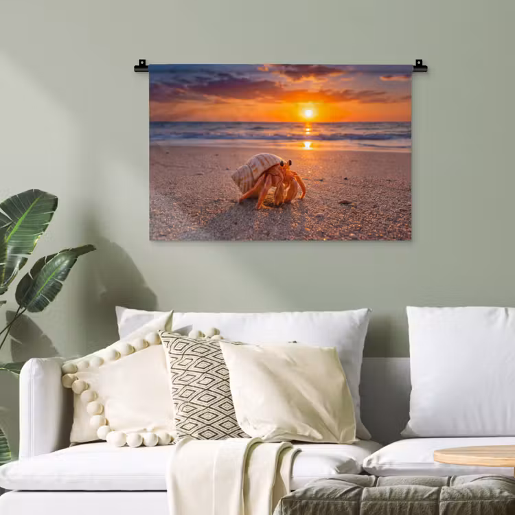 Kreeft - Strand - Natuur - Zonsondergang - Oranje Wandkleed katoen klein -sfeer7