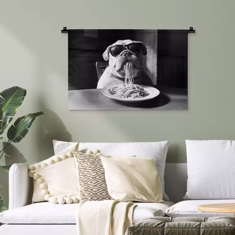 Hond - Bulldog - Pasta - Bril - Stoer - Dieren Wandkleed katoen klein -sfeer7