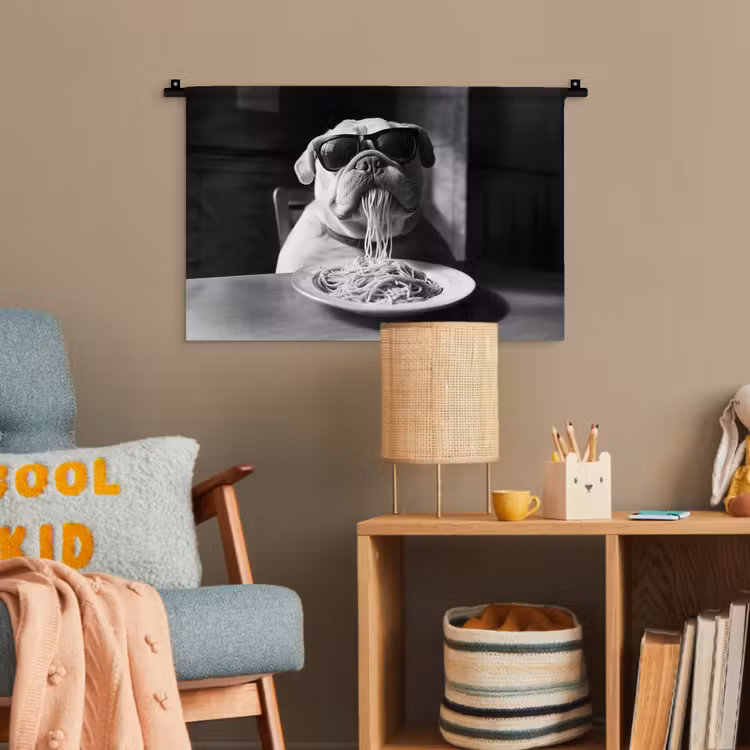 Hond - Bulldog - Pasta - Bril - Stoer - Dieren Wandkleed katoen klein -wsfeer4_kind