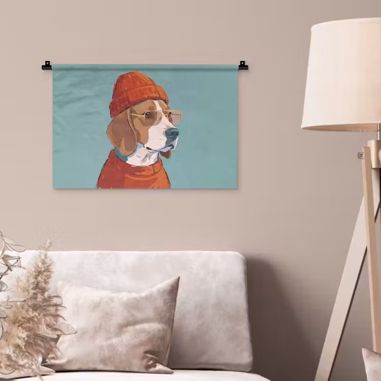 Hond - Beanie - Zonnebril - Dieren - Modern Wandkleed katoen klein -sfeer4