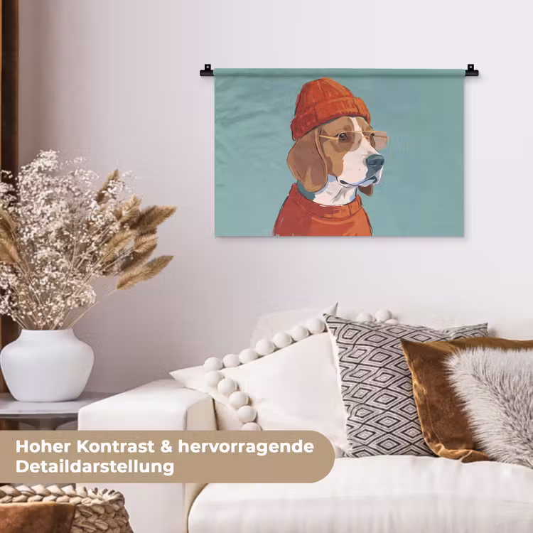 Hond - Beanie - Zonnebril - Dieren - Modern Wandkleed katoen klein -tsfeer1_DE
