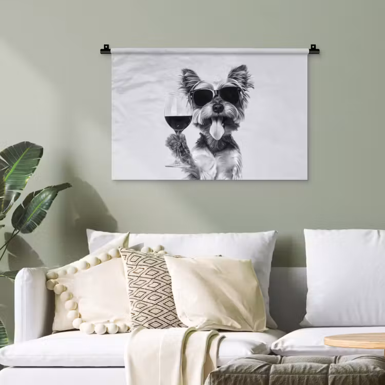 Hondje - Wijnglas - Zonnebril - Enthousiast Wandkleed katoen klein -sfeer7