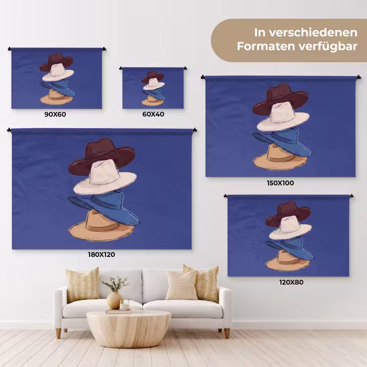 Hoeden - Gestapeld - Mode - Kleurrijk - Illustratie Wandkleed katoen klein -tsfeer8_DE