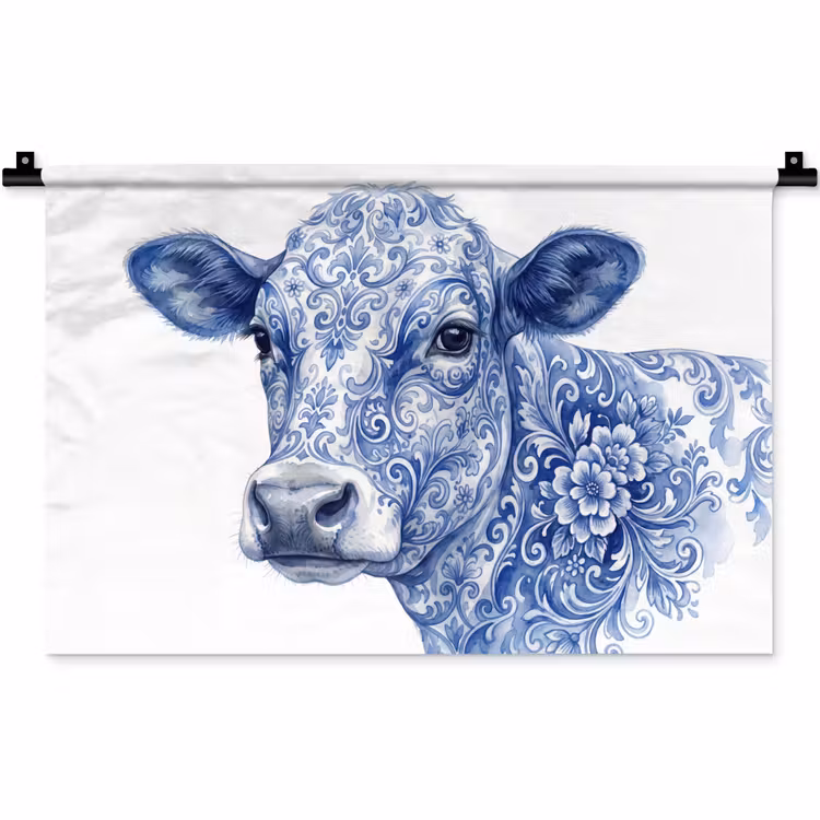 Illustratie - Koe - Blauw Wandkleed katoen klein -zz3d