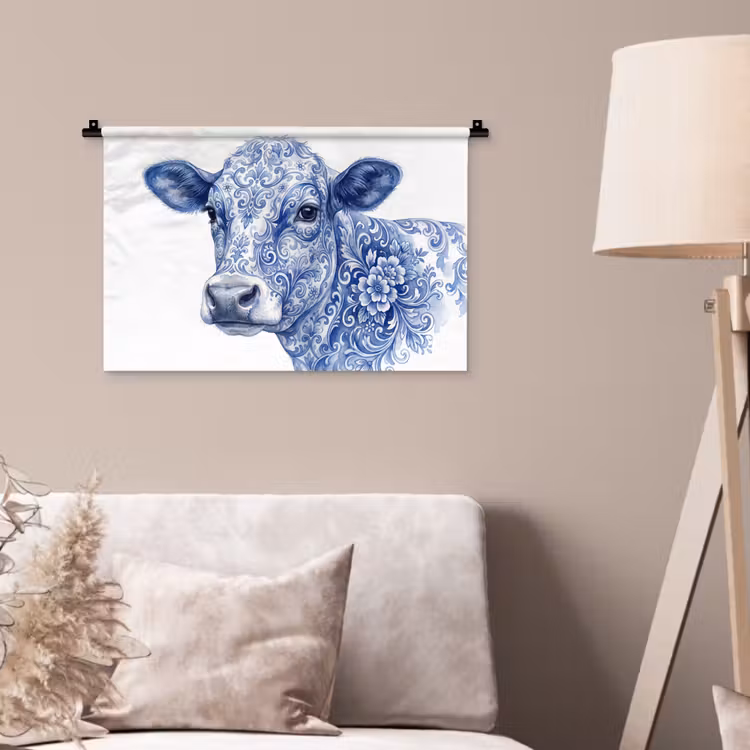 Illustratie - Koe - Blauw Wandkleed katoen klein -sfeer4