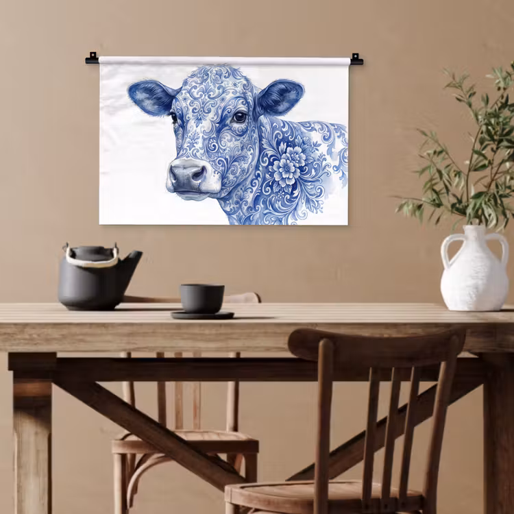Illustratie - Koe - Blauw Wandkleed katoen klein -sfeer6