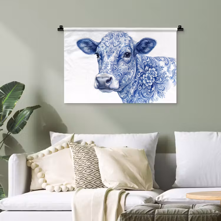 Illustratie - Koe - Blauw Wandkleed katoen klein -sfeer7