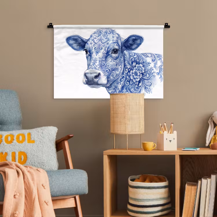 Illustratie - Koe - Blauw Wandkleed katoen klein -wsfeer4_kind