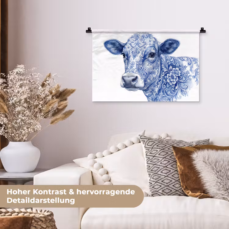 Illustratie - Koe - Blauw Wandkleed katoen klein -tsfeer1_DE
