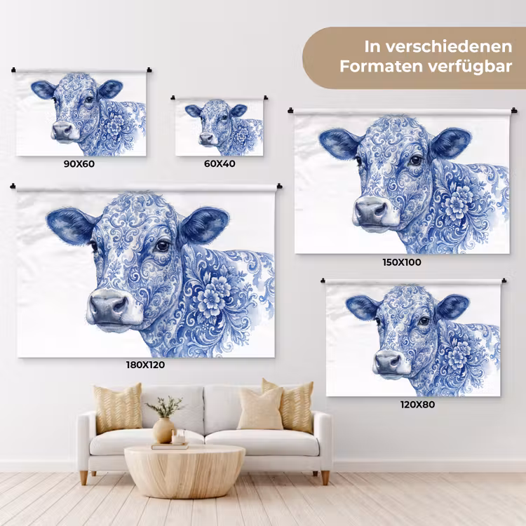 Illustratie - Koe - Blauw Wandkleed katoen klein -tsfeer8_DE