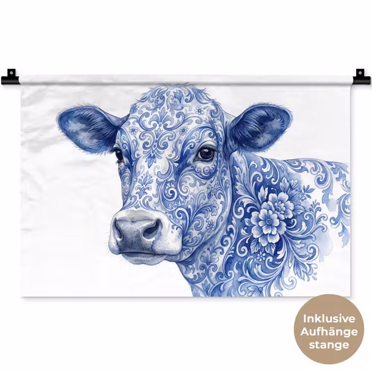 Illustratie - Koe - Blauw Wandkleed katoen klein -t3d_DE