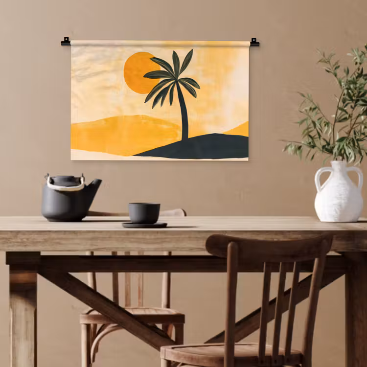 Illustratie - Palmboom - Zon - Heuvels Wandkleed katoen klein -sfeer6