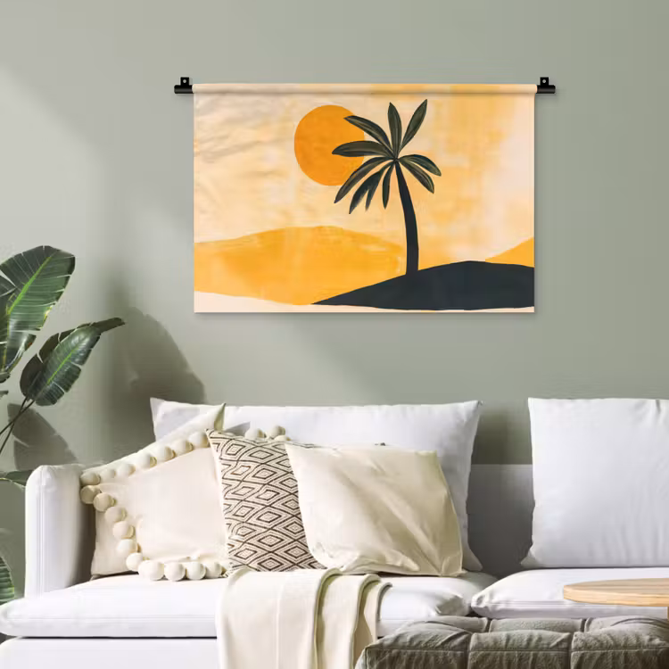 Illustratie - Palmboom - Zon - Heuvels Wandkleed katoen klein -sfeer7