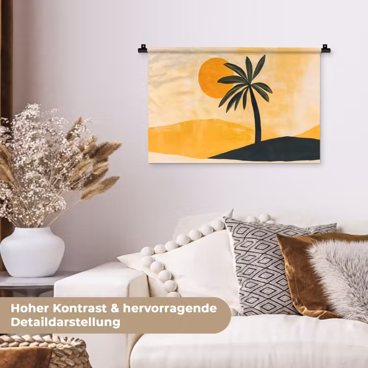 Illustratie - Palmboom - Zon - Heuvels Wandkleed katoen klein -tsfeer1_DE